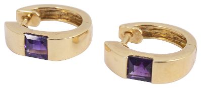A pair of 18ct gold single stone amethyst hoop earrings