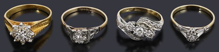 Four assorted gold and diamond set rings