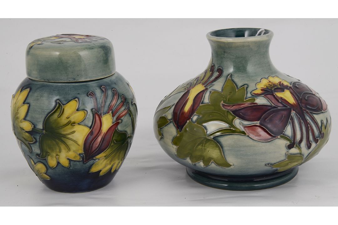 A Walter Moorcroft 'Columbine' squat vase and small ginger - Image 2 of 3