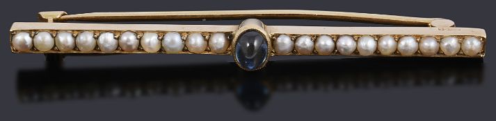 A Victorian gold sapphire and split pearl bar brooch
