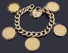 A 9ct gold hollow curb link chain with paddock and four assorted sovereigns and a half sovereign,