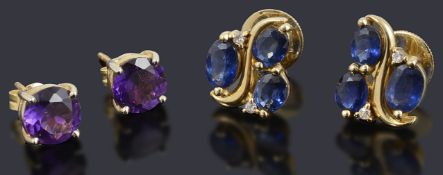 A pair of gold sapphire and diamond cluster stud earrings