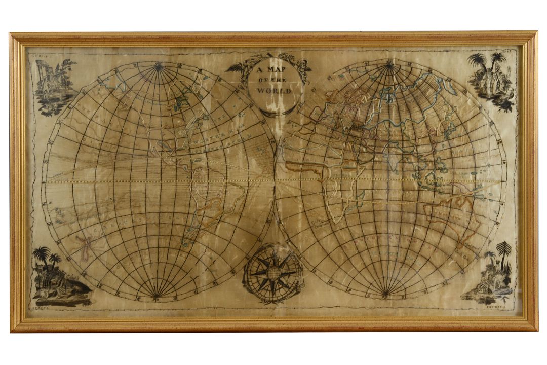 A rare George III double hemisphere world map sampler