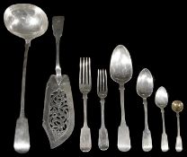 An extensive early Victorian matched silver canteen of fiddle pattern flatware