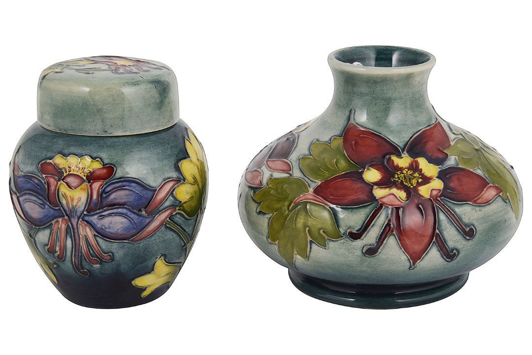 A Walter Moorcroft 'Columbine' squat vase and small ginger - Image 1 of 3