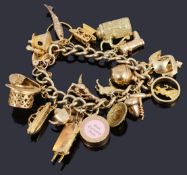A 9ct gold charm bracelet with padlock and charms
