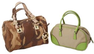 Prada green leather and canvas mini bowling handbag; Michael Kors camouflage tan leather handbag