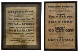 Two early 19th century century humorous printed advertisement posters c.1830