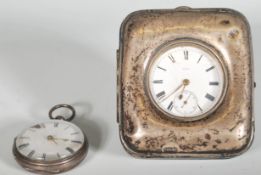 A silver hallmarked pocket watch having a white enamelled face with roman numeral chapter ring and