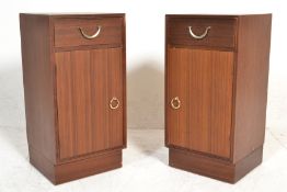 A pair of 1960's retro vintage Meredew teak wood bedside cabinets, each having a single drawer above