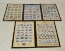 A group of five framed and glazed vintage Castella cigarette trade cards. The complete sets