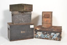 A group of five vintage 20th Century storage / industrial work boxes. Three metal examples with each