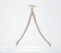 A 9ct gold curb link fob watch chain having a T bar to centre (later addition, gold plated) and a