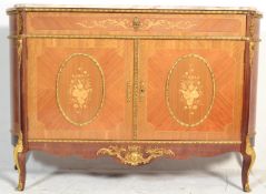 A 20th Century French style marble topped commode / sideboard having twin door cupboards inlaid with