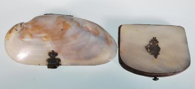 A 19th Century shell purse having brass hinge and clasp with purple lined interior. Together with an