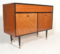 A vintage mid 20th Century teak wood and ebonised lined radiogram sideboard credenza, lift up top