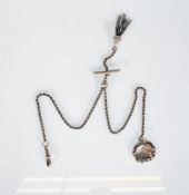 A silver pocket watch fob chain having a rope twist chain with T bar and tassel to the centre,