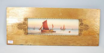 A 20th Century watercolour painting on paper depicting sailing ships at sun down with inscription