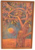 Faith Gibbon - A 1960's retro vintage oil on canvas painting of a tree in a dessert like landscape