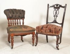 A 19th Century Victorian walnut framed nursing chair, button back backrest over galley turned
