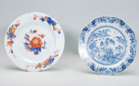 Two 19th Century Chinese plates to include a blue and white plate hand painted with pagodas and