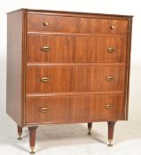 A mid century retro pedestal chest of drawers. Raised on turned legs with brass cap feet