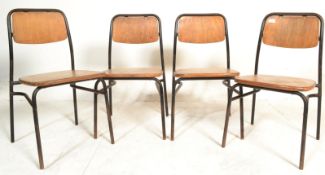 A set of unusual beech and metal children's school stacking chairs having an ebonised tubular