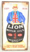 A contemporary artist's impression of a vintage enamel advertising sign on board for Lion Motor Oils