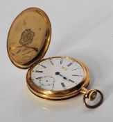 A Chinese 18k gold full hunter pocket watch having a white enamelled face with Roman numeral chapter