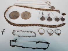 A selection of silver jewellery to include a three tone plaited necklace, a coloured stone spacer