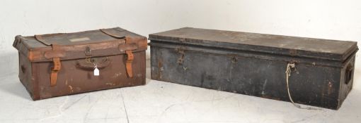 A vintage late 19th / early 20th Century military tin steamer trunk, hinged top with lock to