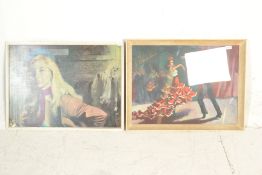 Two retro vintage framed prints to include; a couple flamenco dancing and a lady in 1970's attire