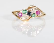 A hallmarked 9ct gold ladies dress ring having a cross over design set with round cut diamond, ruby,