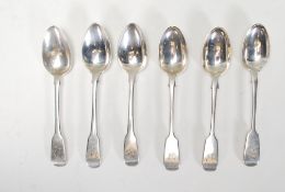 A group of six 19th Century silver hallmarked fiddle pattern teaspoons, each having engraved