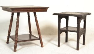 A Victorian 19th century oak William & Mary revival side / lamp table being raised on bobbin