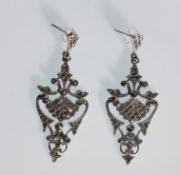 A pair of silver ladies drop earrings in the style of CZ Renaissance. Set with marcasites. Stamped