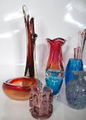 A good collection of ten, 20th century vintage glass vases of different shape and colour to