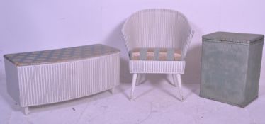 A collection of mid century Lloyd Loom rattan weave painted furniture to include a white painted