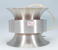 A Danish retro vintage aluminium ceiling light fixture having two trumpeted sections on top of