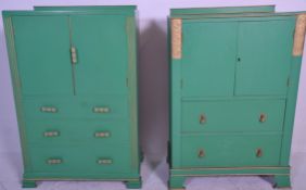 A pair of early 20th century Art Deco, circa 1930's tallboy - linen cabinets. Each painted green