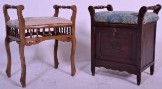 An Edwardian mahogany piano stool raised on serpentine legs with hinged upholstered seat flanked