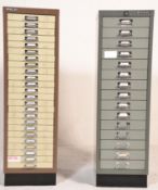 Two 20th Century metal Bisley style Industrial drawer index filing cabinet raised on a plinth