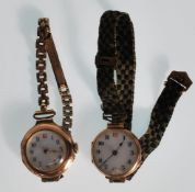 Two early 20th Century enamel faced 9ct gold ladies cocktail watches, each with Arabic numerals, one