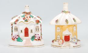 Two 19th Century Victorian Staffordshire pastille burners in the form of cottages to include one