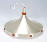 A large mid 20th Century Danish retro vintage UFO aluminium ceiling light fixture having a trumpeted