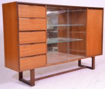 A vintage retro mid 20th century teak wood sideboard display cabinet having a central display