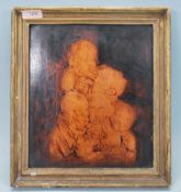 An 18th Century wood panel engraving / carving depicting a huddle of of men and boys eating oysters,