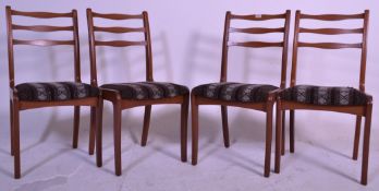 A good set of retro 20th Century teak wood ladder back dining chairs having three strut support