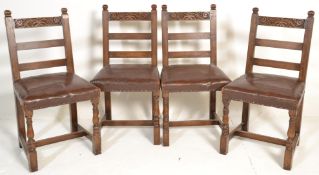 A set of 4 early 20th century carved oak Jacobean revival dining chairs. Raised on block and