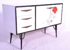 A stylish vintage retro 20th Century sideboard credenza finished in white with black boarders and